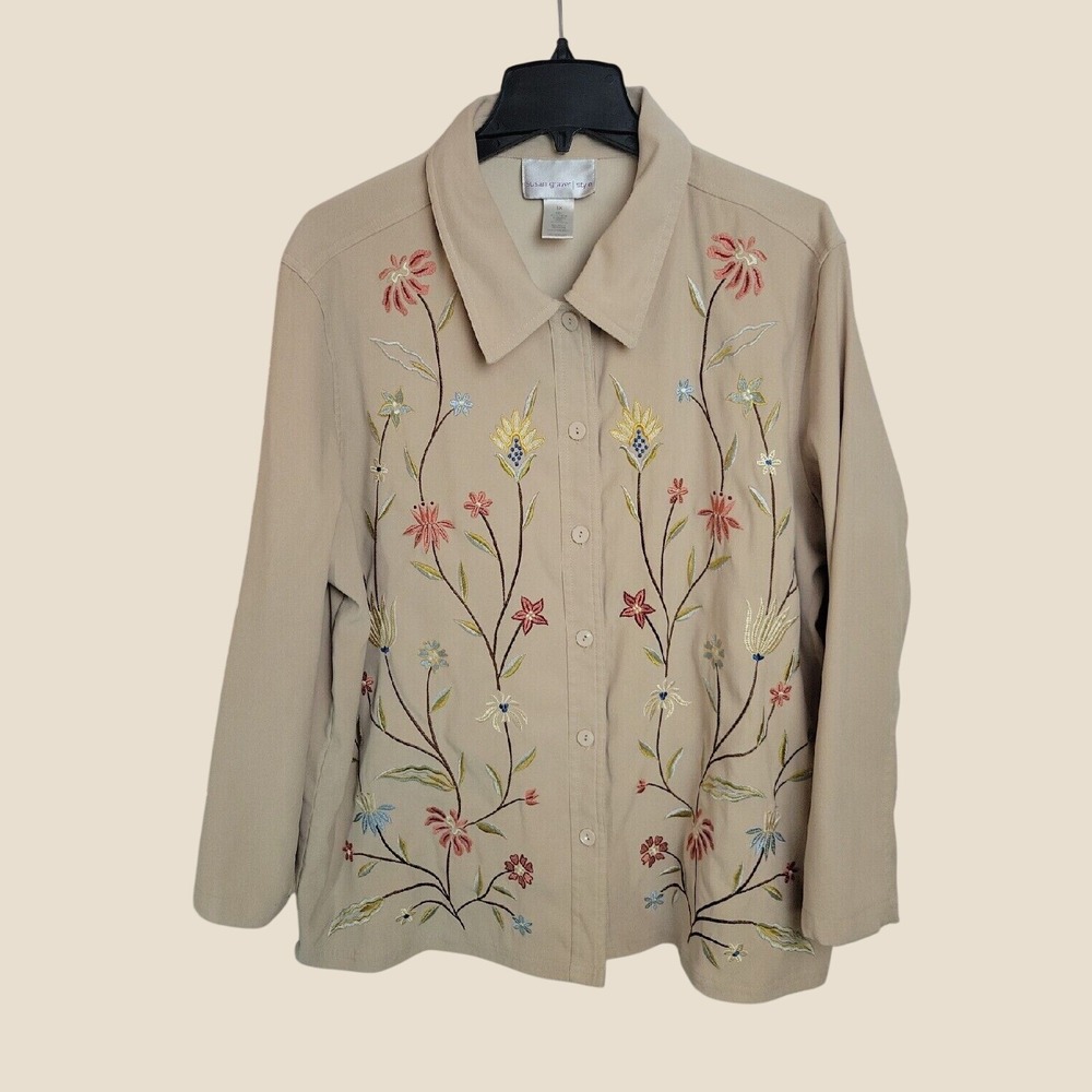 Susan Graver Button Up Shirt Embroidered Floral Cottagecore Boho Tan Beige 1X